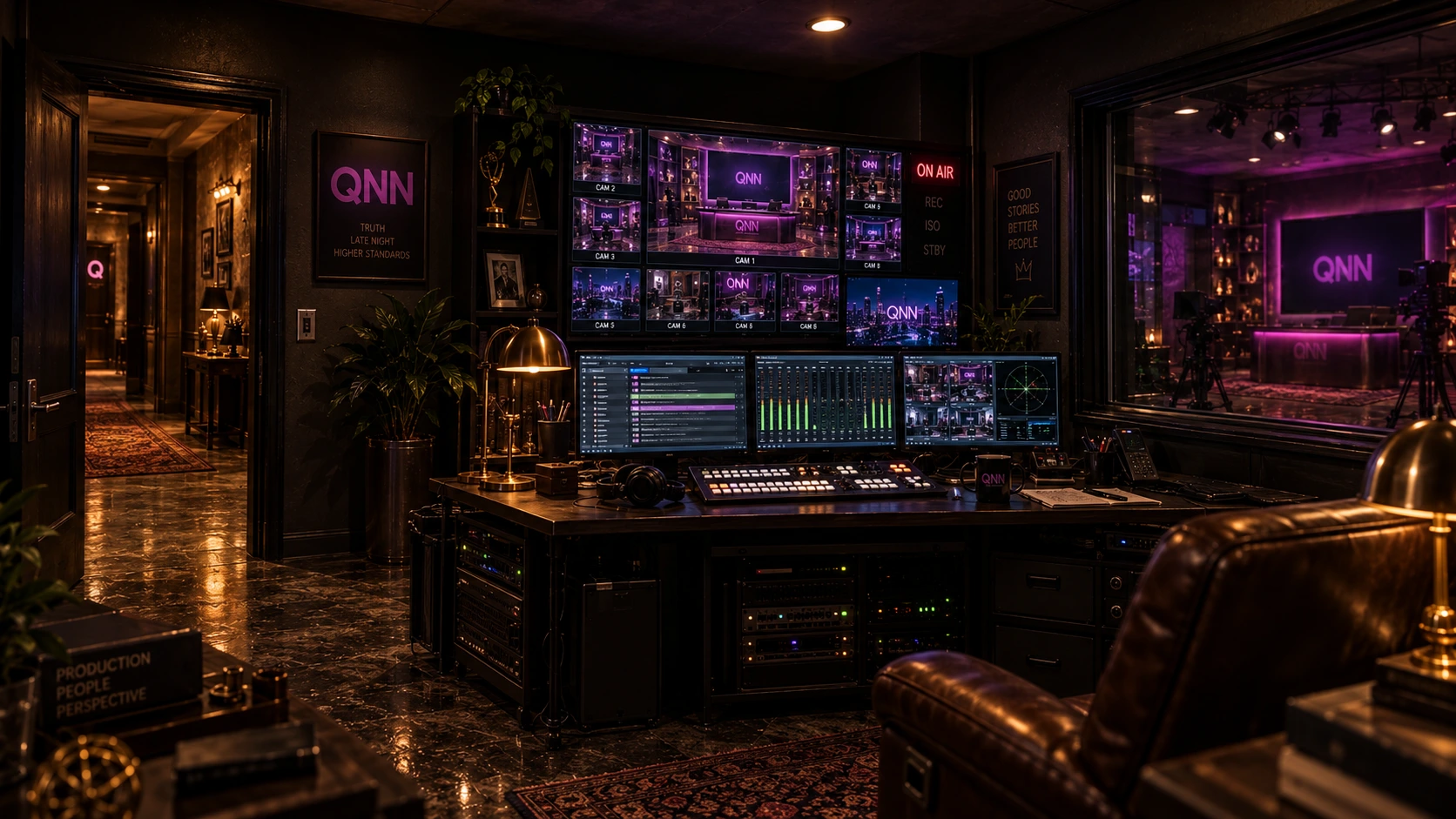 The QNN control room — a producer's desk, a wall of monitors, and the studio glowing through the glass