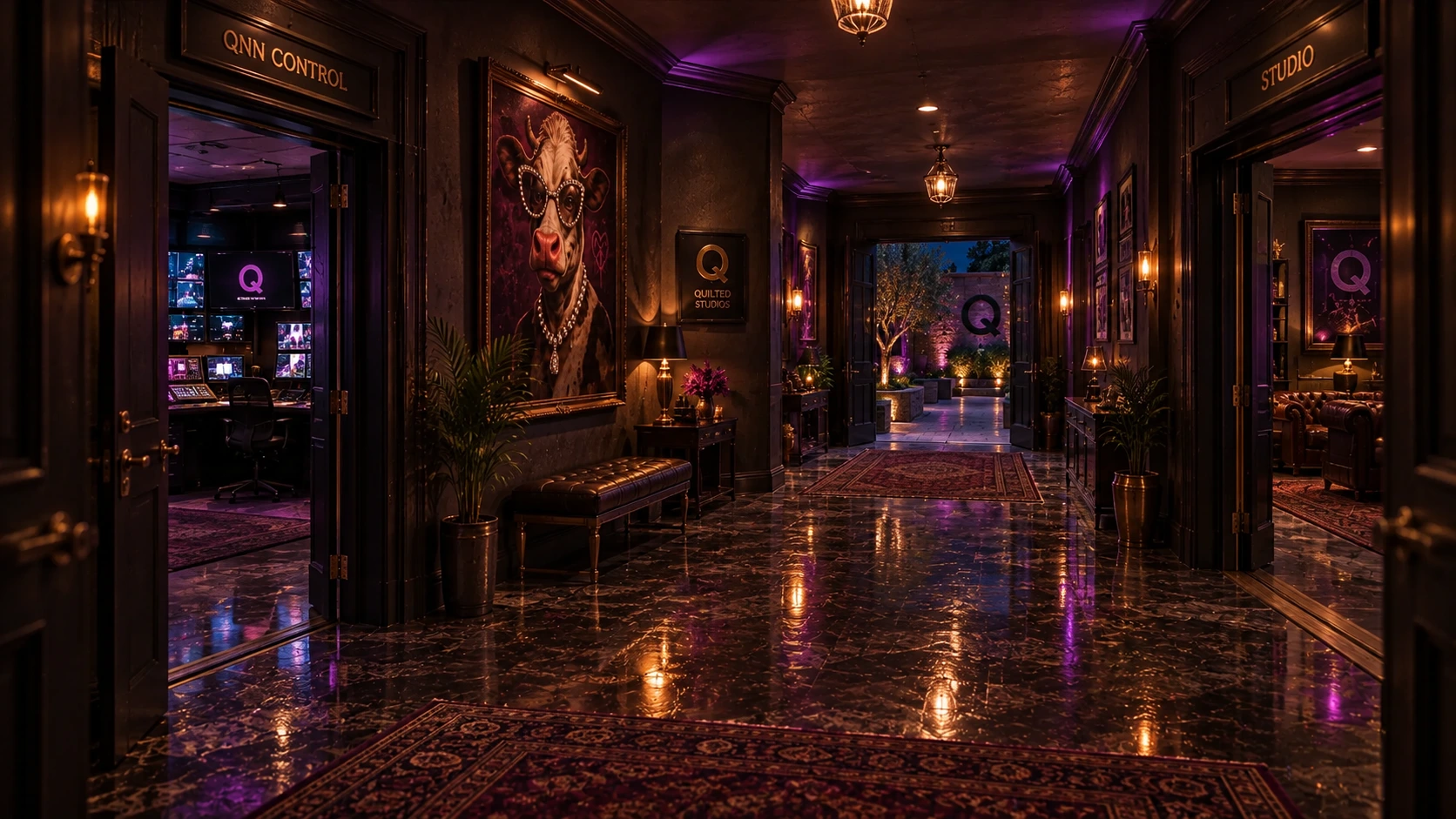 The Quilted Studios hallway, with a grand portrait of Lawl Cow