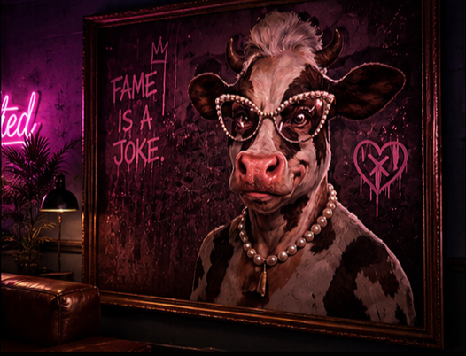 A grand framed painting of Lawl Cow wearing pearl-rimmed glasses and a pearl necklace — Fame is a Joke